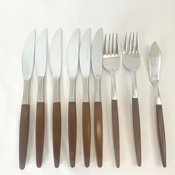 Pyramid Mix Lot 9 Replacement Flatware Wood Handles Japan Vintage Stainless MCM - Picture 1 of 15